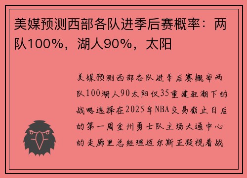 美媒预测西部各队进季后赛概率：两队100%，湖人90%，太阳